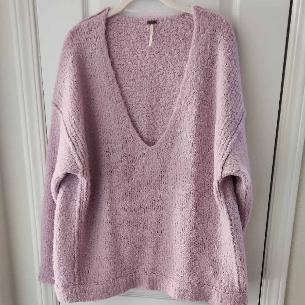 Free People Soft Lilac Oversized V-Neck Sweater, Size XS